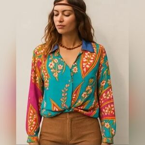 Haute Hippie Teal and Pink Floral Blouse Size XS
